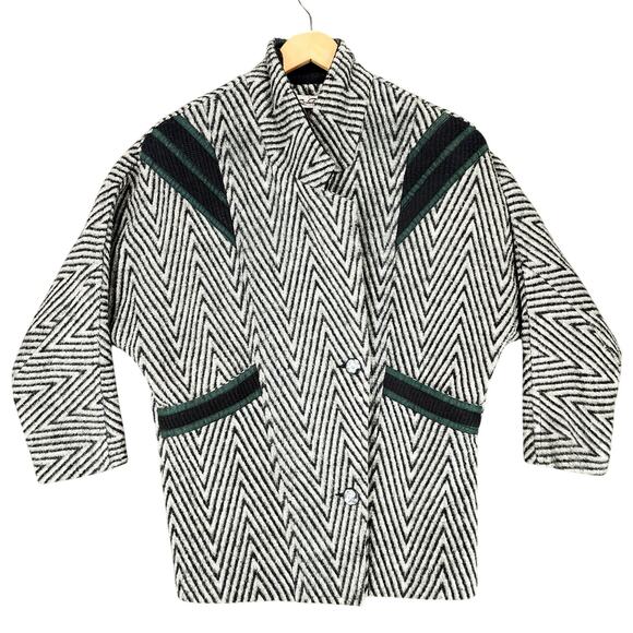 Vtg 80s Tweed Chevron Coat M/L* Women Zigzag Shoulder Pads New Wave Androgynous - Picture 1 of 15